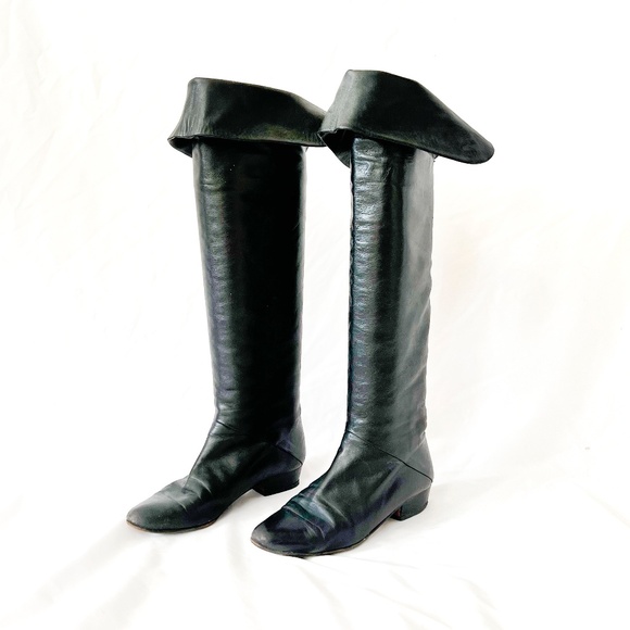 Vintage 80s Black Leather Knee High Boots - Italian Pirate Style Size 37 US Size - Picture 1 of 10